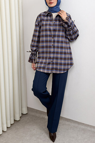 Salih Çelebi Pleated Sleeve Plaid Shirt 0067 - Dark Blue