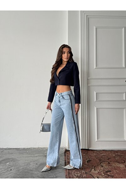 blue marlın Long Boyfriend Jeans with Side Zippers and Wide Legs