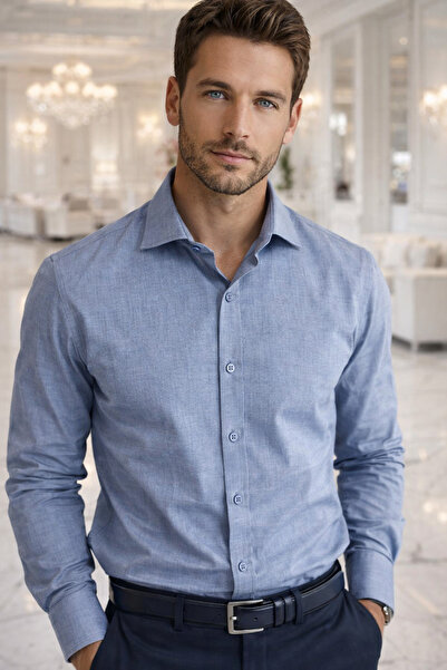 Rich قميص رجالي بأكمام طويلة من القطن بنسبة 100% عالي الجودة باللون الأزرق ال...