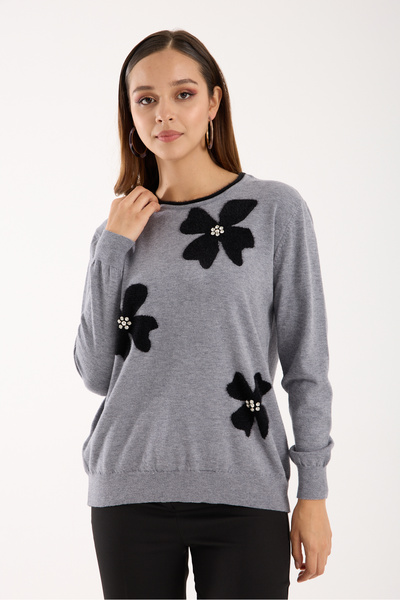 Moda Days Stone Detailed Floral Appliqued Contrast Piped Crew Neck Knitwear B...