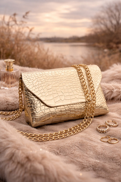 kosmiq joy Altın Kroko Desenli Gold Zincir Askılı Abiye Çanta