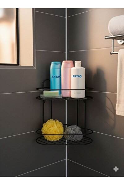 aktaş home Suport de colț pentru baie, negru, cu 2 niveluri, suport pentru șa...
