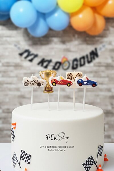 PEKSHOP Yarış Arabaları Mum Seti Yarış Araba Tema Doğum Günü Pasta Mum Seti 5li