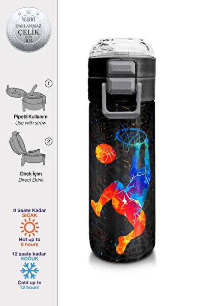Coral High Kids Gray Basketball Patterned Steel Thermos with Straw and Direct...