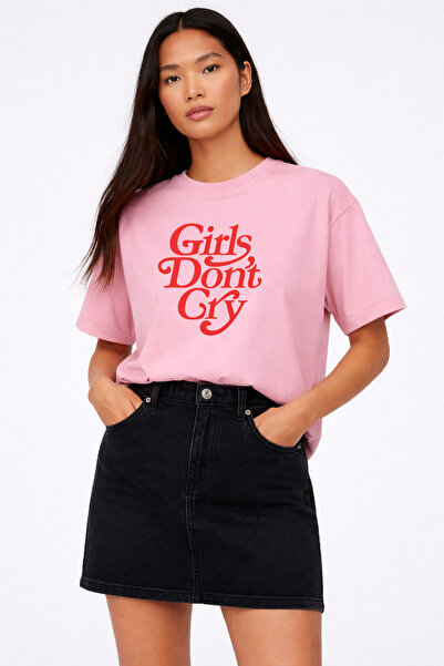 LORVEX Oversized Women's T-Shirt Gi̇rls Dont Cry Red B Printed 100% Cotton