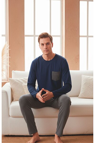 LİLA İÇ GİYİM Men's Pocketed Single Jersey Cotton Long Sleeve Pajama Set
