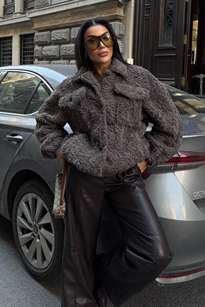 Lijuri Gray Plush Basic Jacket with Pocket on the Collar 7102