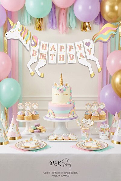 PEKSHOP 3D Unicorn Happy Birthday Banner Unicorn Doğum Günü Duvar Yazısı