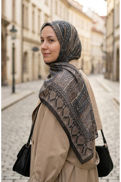 sefamerve Karaca Patterned Cotton Scarf 81091-06 Black Brown