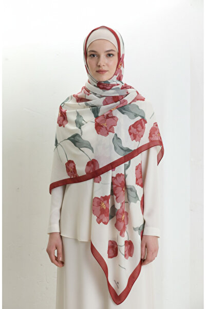 sefamerve Patterned Shawl 1008-03 Khaki Claret Red