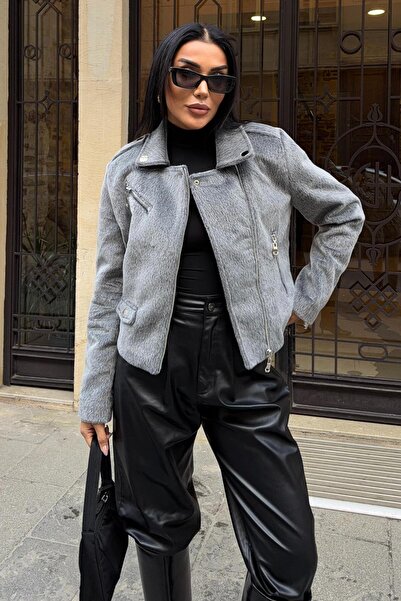 Lijuri Gray Zipper Detailed Short Premium Textured Jacket 7100 R7-G-K3