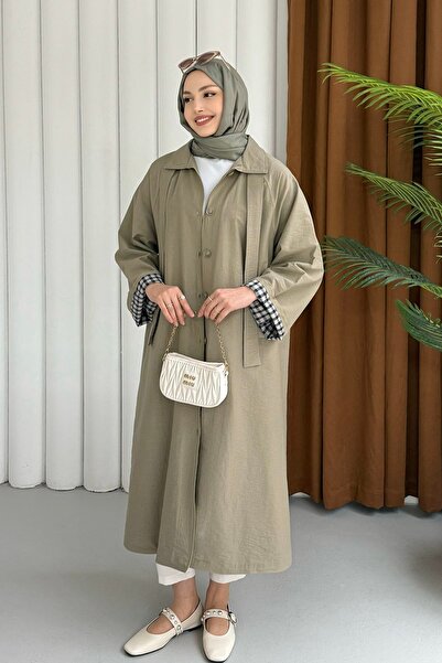 Modaensarbutik Ekose Astarlı Düğmeli Trençkot-YEŞİL