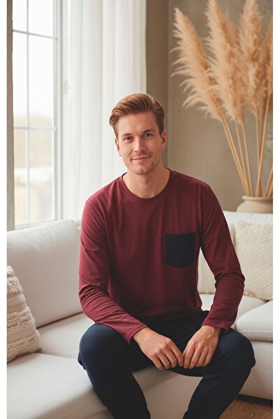 LİLA İÇ GİYİM Men's Pocketed Single Jersey Cotton Long Sleeve Pajama Set