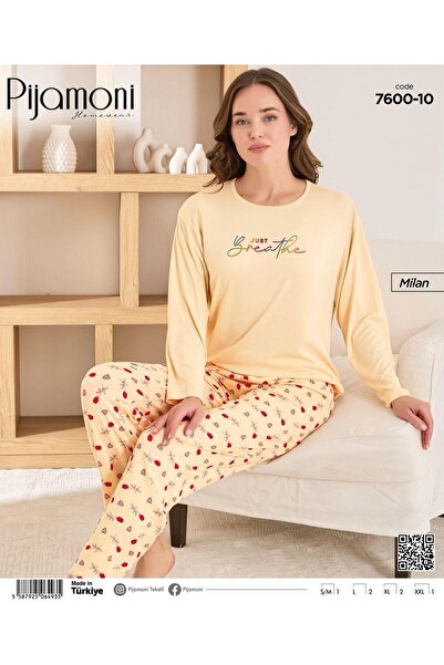 Pijamoni Kadın Milan Kumaş Uzun Kollu Bisiklet Yaka Pijama Takımı