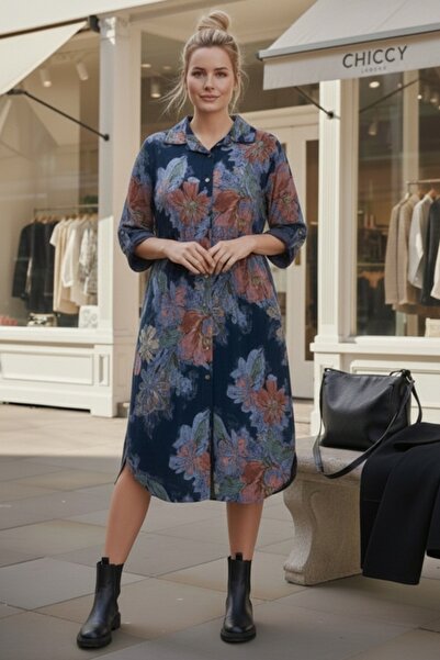 Chiccy Italian Navy Blue Shirt Collar Long Sleeve Floral Allover B Printed Ve...