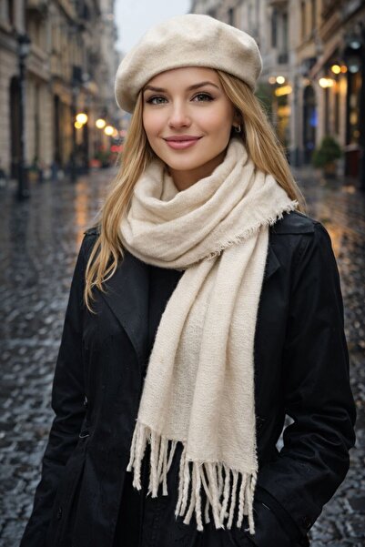 MARBERRY Ecru Soft Textured Scarf and Felt Painter Beret Set of 2