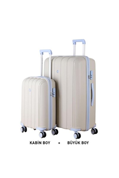 MÇS Bavul Büyük ve Kabin 2li Set Kırılmaz Silikon Valiz V305 Kemik/BebeMavi