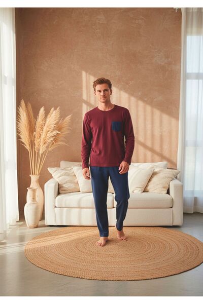 LİLA İÇ GİYİM Men's Pocketed Single Jersey Cotton Long Sleeve Pajama Set