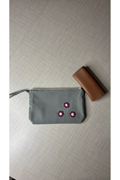 Handream Purple Knitted Flower Detailed Duck Fabric Makeup/Clutch Bag