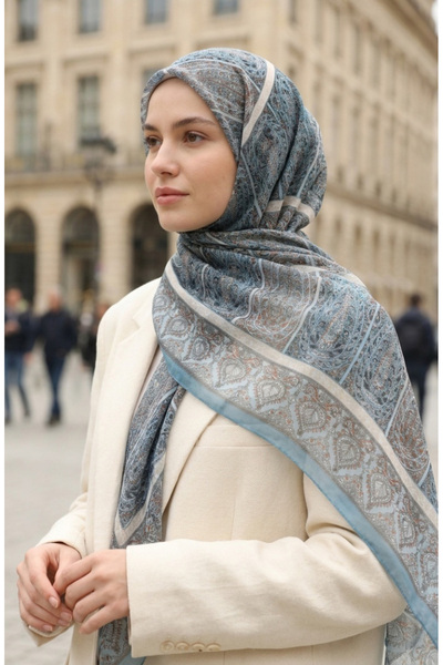 sefamerve Karaca Patterned Cotton Scarf 81091-04 Blue Tile