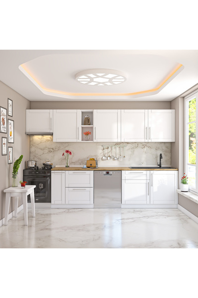 DEKOREX Pia Beyaz 330 Cm Aspiratör ve Çekmece Modüllü Meşe Tezgahlı Hazır Mut...