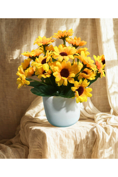 Home Premium Beyaz-Betonlu Mini Saksıda Yapay Sarı Çiçek Aranjman (1Adet)