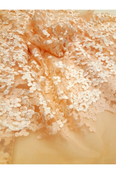 Safir Kumaş Abiyelik Somon Rengi Serpme Desen Nakış İşlemeli Dantel 3 Metre