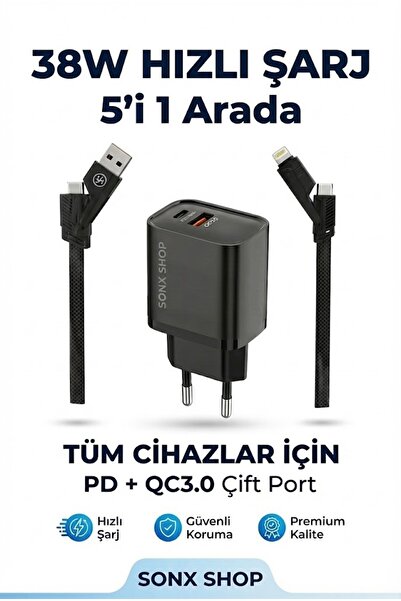 sonx 4 in 1 Hızlı Şarj Seti | 38W Çift Portlu Adaptör & Çok Başlıklı Örgü Kab...