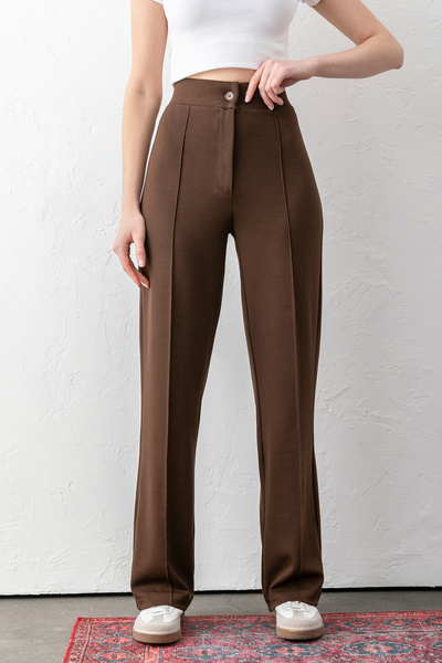 OLİZZA Women's Coffee Buttoned Modal High Waist Trousers |   Relaxed Fit, Str...