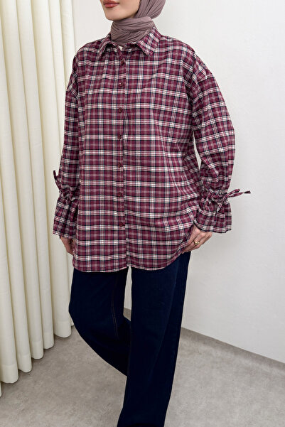 Salih Çelebi Pleated Sleeve Plaid Shirt 0067 - Bordo