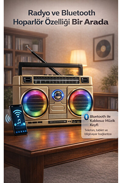 FaroxTech Retro Tasarım Bluetooth Hoparlör - 4 Bantlı Şarjlı Radyo & RGB LED ...