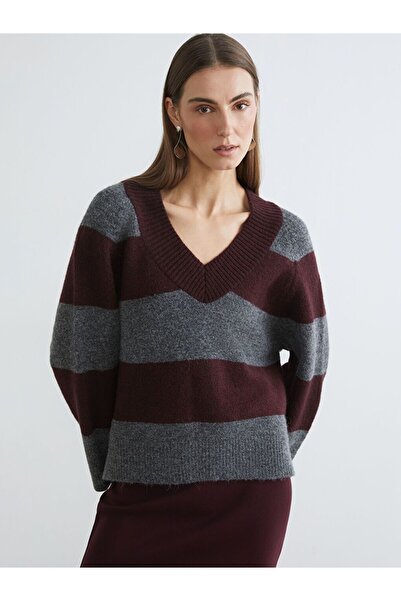 LC Waikiki V-Neck Striped Oversized Women's Knitwear Sweater