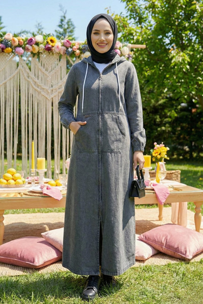 Hb Harma Time Butik Women's Hooded Denim Dark Gray Jeans Cap with Pockets and...