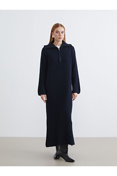 LC Waikiki Lcw Modest Navy Blue Polo Neck Knitwear Dress