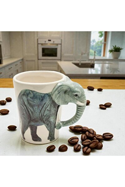 ELSELİFE Hand-Painted Ceramic Mug with 3D Elephant Design 300 ml |   Animal M...