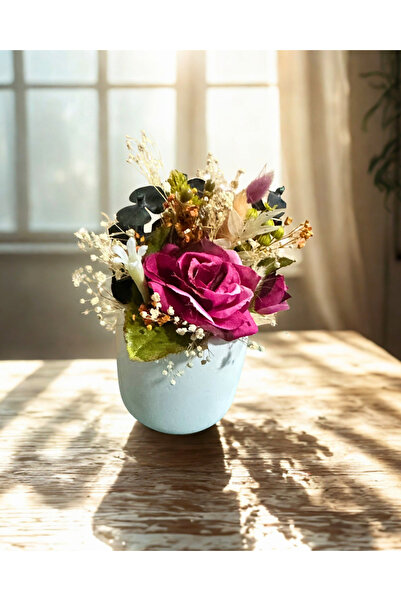 Home Mini Saksılı Kuru-Yapay Çiçek Aranjman ,Pembe Gül, Hediyelik