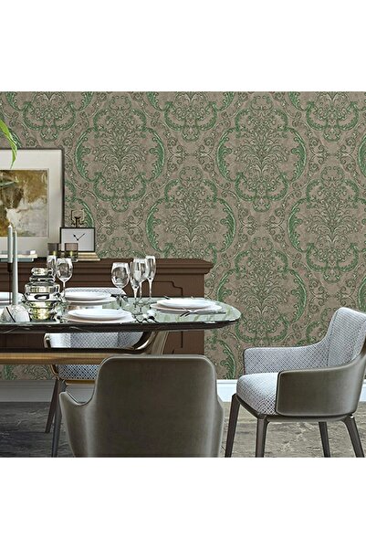 Adawall 3D Super Washable Vinyl Wallpaper, Damask Pattern, Green, UV, Fire Re...