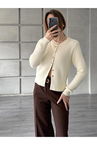 Coral Desenli Düğmeli Yumuşak Hırka 7606 Vanilya