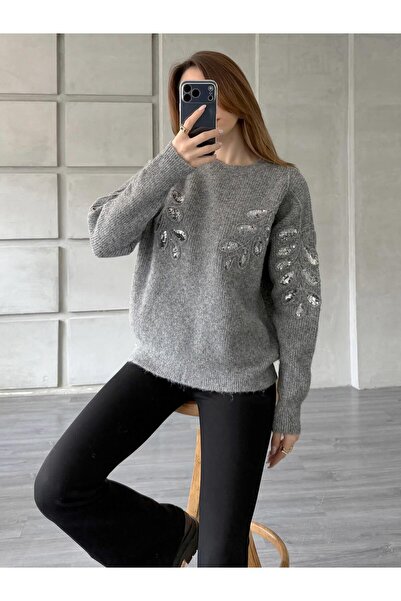 Coral Pullu İşlemeli Kazak 7720 Gri