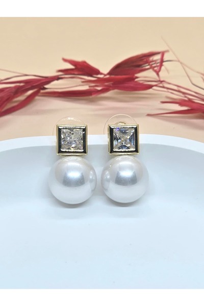 Veyla Style White Pearl Earrings with Square Stone Detail