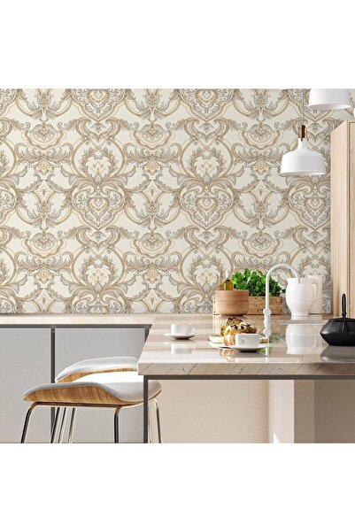 Adawall Super Washable Vinyl Wallpaper, Damask Pattern, Cream, UV, , Fire Ret...