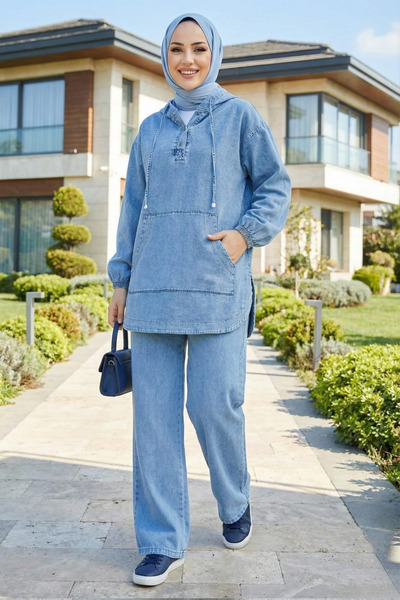 Hb Harma Time Butik Women's Hooded , Buttoned and Pocketed Light Denim Blue T...