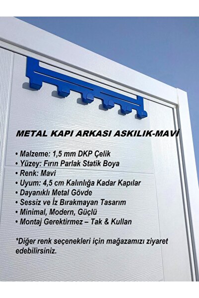 CAVARA Metal Mavi Amerikan Kapı Arkası Askılık–Kapı Üstü Askılık, Mutfak Bany...