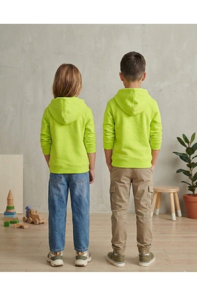 Kyex Unisex Children's Phosphor Green Zippered Hooded Sweatshirt Comfortable Basic Cardigan for School-Daily Use 3-10 Years Old