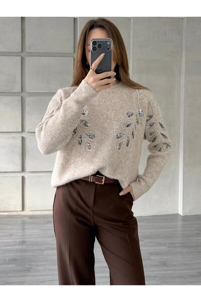 Coral Pullu İşlemeli Kazak 7720 Bej