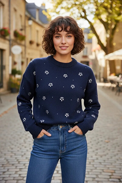Myra Floral Stone Knitwear Navy Blue Sweater