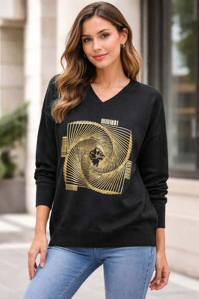 RMG Plus Size V-Neck Cashmere Blended Patterned Knitwear Sweater Black