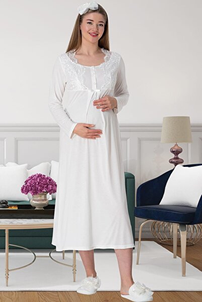 By Mecit Pijama Women's Lace Long Sleeve Maternity Nightgown 75% Cotton, 25% ...
