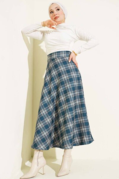 By Kuzey Aras High Waist Plaid Patterned Flared Long Skirt