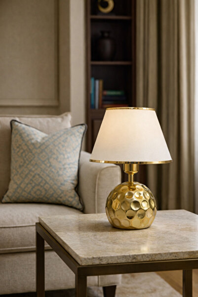 EvLight Elara Gold Foot Cream Fabric Headboard Lampshade